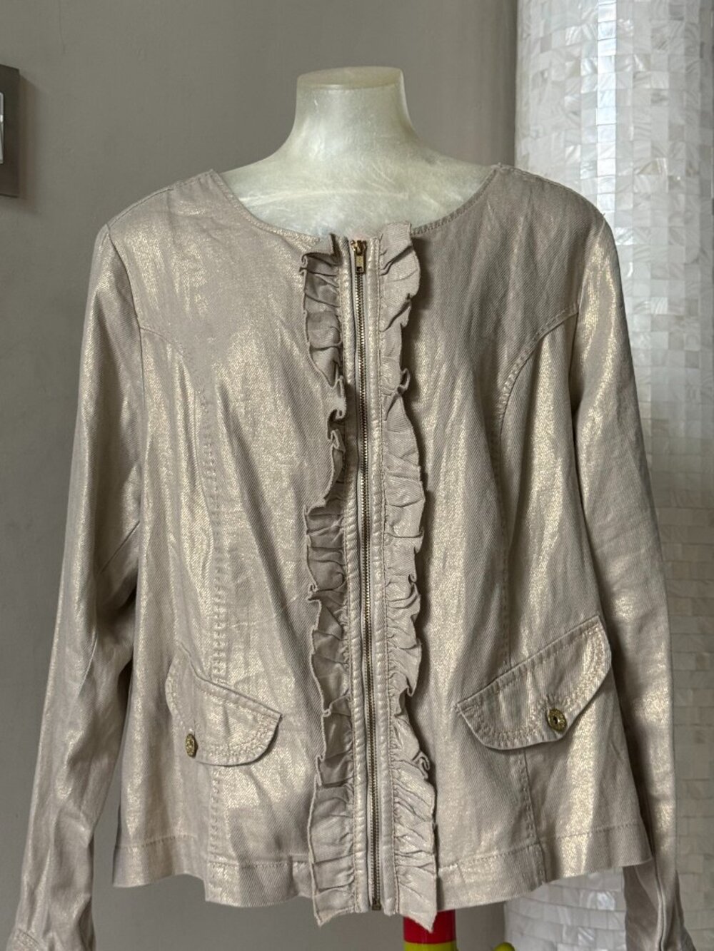Lane Bryant Metallic Silver Ruffle Front Zip Jacket Size 20 Linen Blend